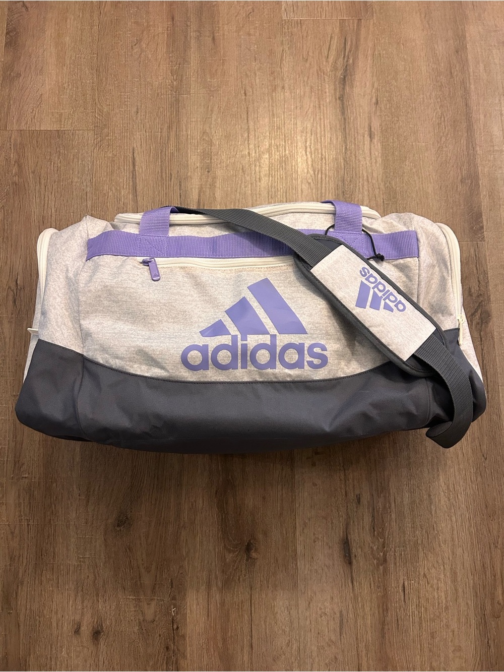 adidas Defender IV Small Duffel Gym Bag Gray Purple Shoulder Strap Vent
